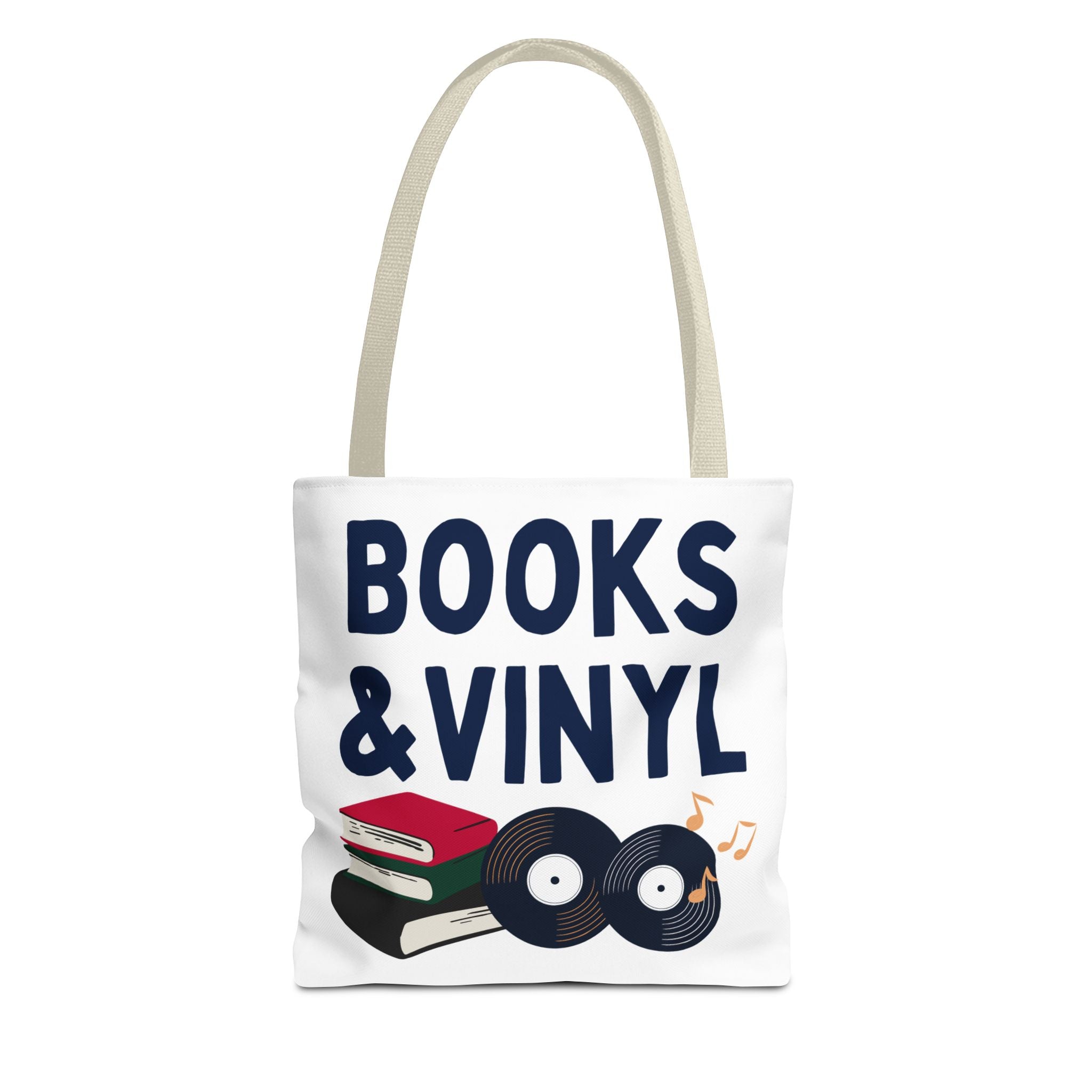 Tote bag with 'Books & Vinyl' text and record design on a white background