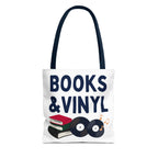 Tote bag with 'Books & Vinyl' text and record design on a white background
