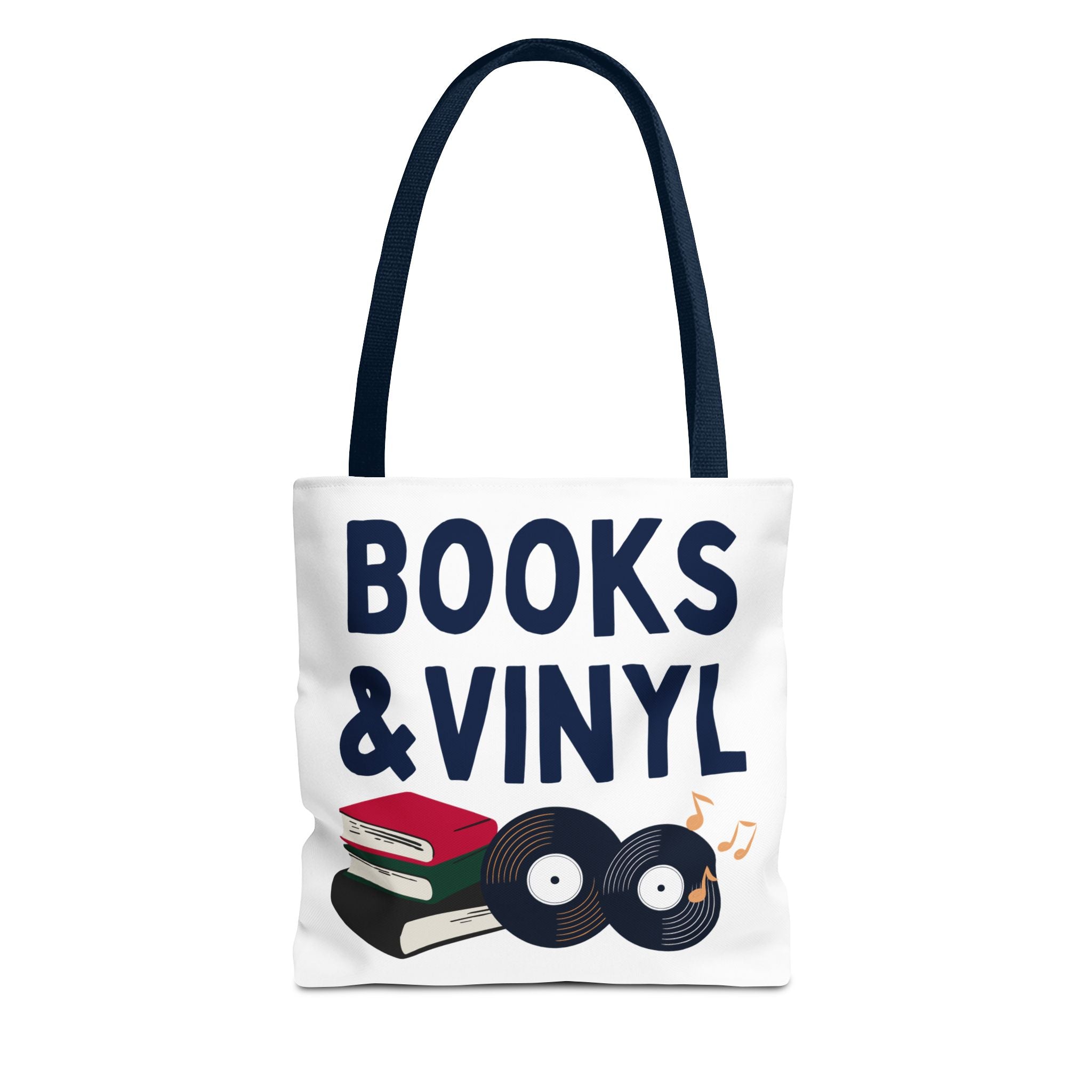 Tote bag with 'Books & Vinyl' text and record design on a white background
