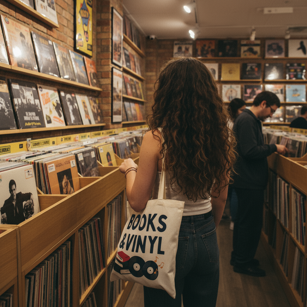 Woman shopping for records in a vinyl record store with a 'Books & Vinyl' tote bag. , Eco-Friendly Shopping Bag, Gift for Book Lovers, Music Enthusiast, Reading Accessory, Perfect for Libraries, Schools