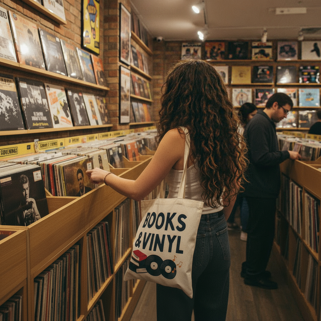 Girl browsing records in a store with a 'Books & Vinyl' tote bag. Eco-Friendly Shopping Bag, Gift for Book Lovers, Music Enthusiast, Reading Accessory, Perfect for Libraries, Schools